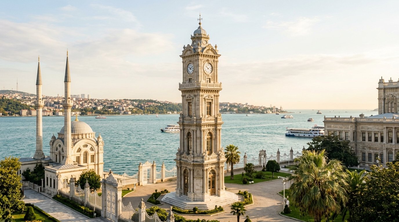 The Ottoman clock tower beside the Dolmabahce Palace entrance with the Bosphorus in the background