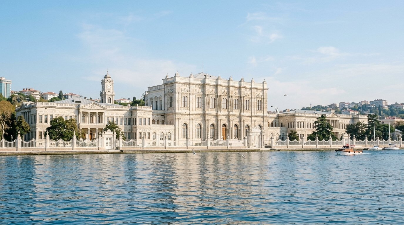 The long white marble façade of Dolmabahce Palace seen from the Bosphorus, with its central ceremonial section catching the afternoon light