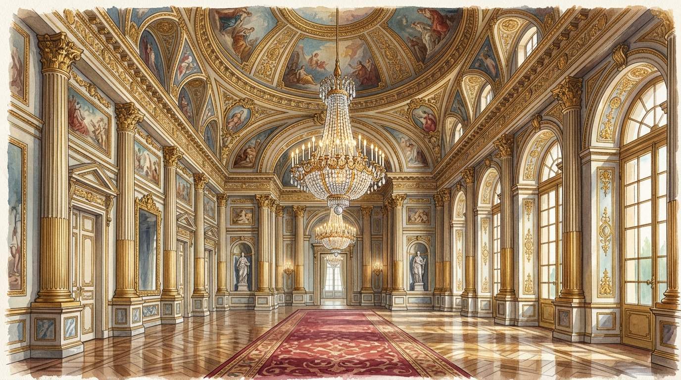 Artistic impression of the gilded interior of a Dolmabahce Palace state hall, with a monumental chandelier and red carpet