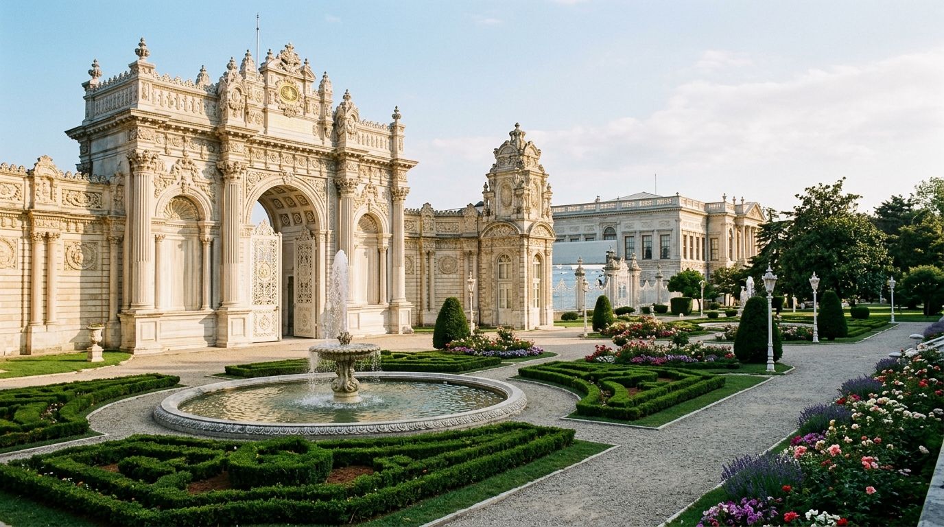 The ornate Treasury Gate of Dolmabahce Palace with its formal gardens and fountain, the visitor entrance to the palace